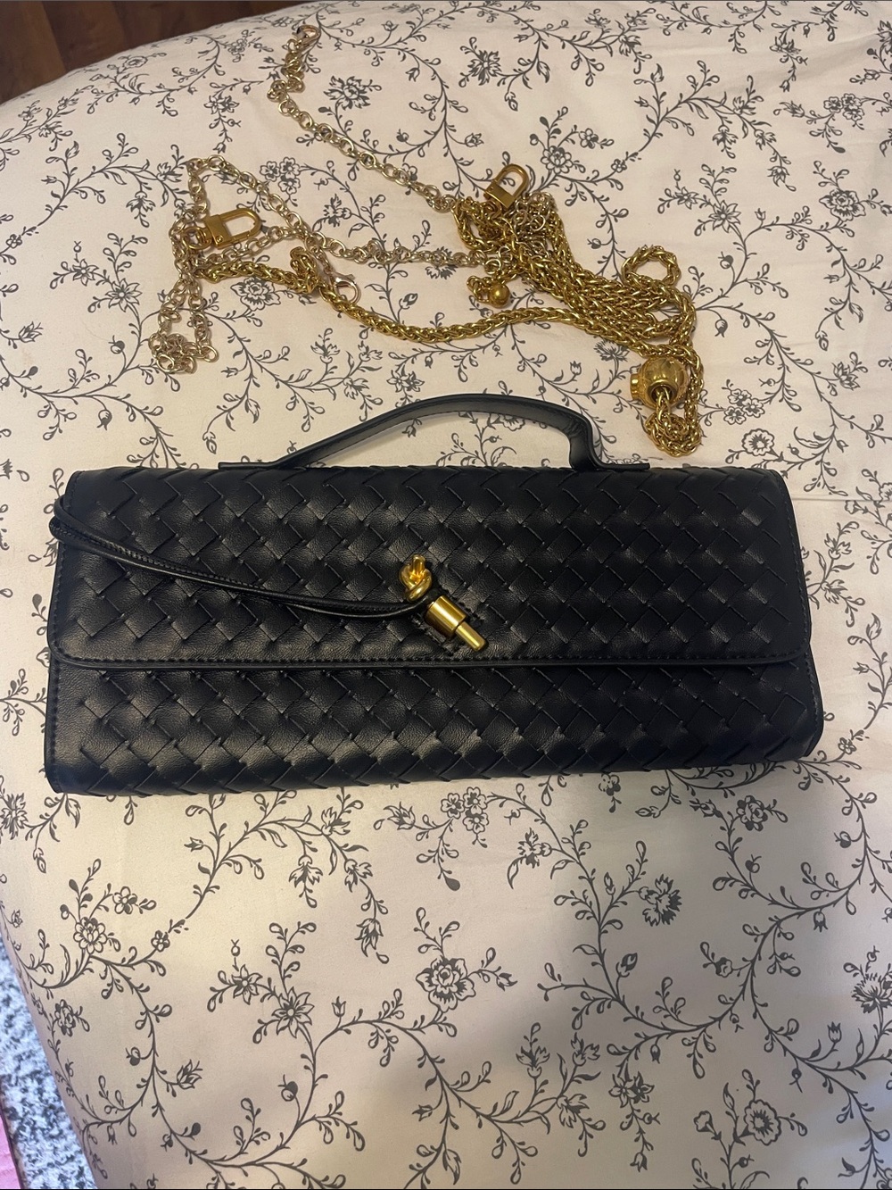Adorable Black Woven braided  Clutch with Gold Accent Chain Never used